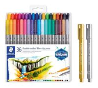 Staedtler Pennarelli a doppia fibra con due punte per due linee di larghezza e pennarello metallico in oro e argento, per carta chiara e scuro, 36 pennarelli e 2 pennarelli, 3200TB36P1X