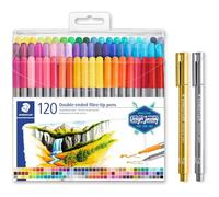 STAEDTLER Pennarelli a doppia fibra con due punte per due linee di larghezza e pennarello metallico in oro e argento, per carta chiara e scura, 120 pennarelli e 2 pennarelli, 3200TB120P1X
