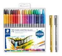 STAEDTLER Pennarelli a doppia fibra con due punte per due linee di larghezza e pennarello metallico in oro e argento, per carta chiara e scura, 72 pennarelli e 2 pennarelli, 3200TB72P1X