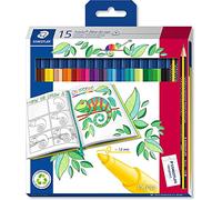 Staedtler Pennarelli con punta in fibra, manico ergonomico triangolare, spessore tratto 1,0 mm, lunga durata, 15 penne con punta in fibra, 1 matita Noris HB e gomma rasoplast, 323 C15P