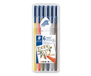 STAEDTLER Pennarelli triplus, my colours Set Boho, fusto triangolare ergonomico, larghezza linea 1 mm, lunga durata, 6 penne a punta in fibra color boho in scatola regolabile 323SB6CS13