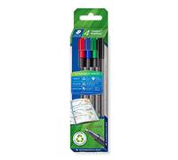Staedtler Pennarello triangolare in plastica riciclata, punta fine da 0,3 mm, punta metallica di lunga durata, 4 pennarelli a punta fine in custodia per carte, 334 RC4