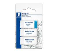 Staedtler Rasoplast, blister con 3 gomme per cancellare, 2 di colore bianco e 1 bianca e azzurra, senza ftalati né lattice, 526-S BK3D