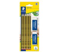 STAEDTLER Set di matite Noris 120, matite HB upcycled legno, 6 matite 2 gomme plastiche Mars, alta qualità, Made in Germany