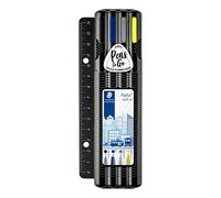 STAEDTLER Triplus SB4B-R - Set pratico composto da righello, penna a sfera nera e penna a sfera M blu, Triplus Micro 0,5 mm e Textsurfer Yellow, 34 SB4B-R