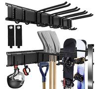 Staffa da parete per gestore attrezzi da garage, staffa di stoccaggio per gestore parete garage con 6 ganci, gancio per attrezzi da giardino per attrezzatura da sci, sedia, scopa, mop