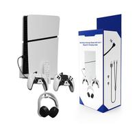 Staffa di montaggio a parete compatibile con PS5 Slim Digital/Disc Version, controller di gioco Stand Shelf con 2-in-1 magnetico cavo di ricarica gioco Headset Charger Cradle Holder