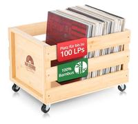 Stagecaptain SPKB-100 NT Scatola in bambù “Emil” per fino a 100 LP, design retrò, 4 ruote girevoli, supporta fino a 25 kg, ideale anche per altri oggetti, colore naturale.