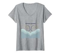 Stagione Gemelli Celeste Zodiaco Arte Astrologia Maglietta con Collo a V, Donna, Grigio Melange, M
