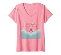 Stagione Gemelli Celeste Zodiaco Arte Astrologia Maglietta con Collo a V, Donna, Rosa, S