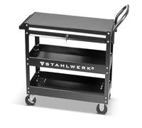 STAHLWERK Carrello portautensili WZE-3 ST con capacità di carico di 150 kg, cassetto richiudibile e 3 superfici di carico, carrello da officina, carrello per il trasporto, carrello di montaggio,