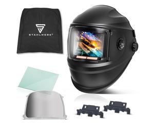 STAHLWERK Casco per saldatura automatico 3-in-1 BOOSTER - Casco con True-Colour, oscuramento DIN 4-13, memoria lavori, classe 1/1/1/2, campo visivo 116 x 81 mm