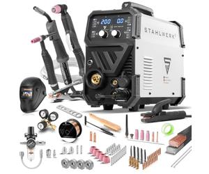 STAHLWERK Saldatrice combinata 4 in 1 CTM-250 ST - set completo - compatta TIG MIG, MAG MMA/E-Hand, CUT/Plasma, 200 A di saldatura e 50 A di taglio al plasma, capacità di taglio fino a 14 mm