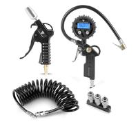 STAHLWERK Set di 4 pezzi - Pratico set di accessori per compressore, pistola di scarico con ugello Venturi, riempitivo pneumatici con manometro digitale, tubo a spirale da 5 metri, distributore d'aria