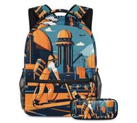 Stai al passo con le tendenze, set di 2 zaini con zaino e astuccio di grande capacità, motivo festa del lavoro, Multicolore#04, B:29.4x20x40cm P:19x7.5x3.8cm, Zaino daypack