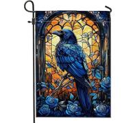 Stained Glass Blue Crow Flower Bandiere Verticale Robuste Flag Colore Vivido Bandiera Da Giardino Per Portico Cortile Giardino 30X45Cm