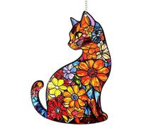 Stained Glass Cat Suncatcher 20cm Ornament With Flower Design, Sun Catcher