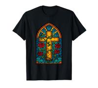 Stained Glass Cross with Red Roses Maglietta