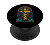 Stained Glass Cross with Red Roses PopSockets PopGrip Adesivo