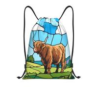Stained Glass Highland Cow Pattern Borsa con Coulisse Stringa Borsa Palestra Pieghevole Borse per Vacanze Spiaggia Yoga 36X42Cm