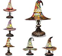 Stained Glass Witch Hat Lamp,Witches Hat Lamp,Usb Powered Gothic Wizard Hats Night Light,Handcrafted Retro Resin Witch Lamps,Indoor For Bedroom, Bookshelf & Living Room Decor，colored：L