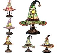 Stained Glass Witch Hat Lamp,Witches Hat Lamp,Usb Powered Gothic Wizard Hats Night Light,Handcrafted Retro Resin Witch Lamps,Indoor For Bedroom, Bookshelf & Living Room Decor，Green：S