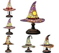 Stained Glass Witch Hat Lamp,Witches Hat Lamp,Usb Powered Gothic Wizard Hats Night Light,Handcrafted Retro Resin Witch Lamps,Indoor For Bedroom, Bookshelf & Living Room Decor，Purple：L