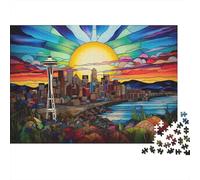 StainedGlassSeattleView Skyline di Seattle all'alba - Puzzle da 1000 pezzi per adulti e bambini - Divertente attività per le giornate di pioggia - 70x50cm/1000pcs