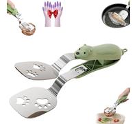 Stainless Steel Bear Pancake Griddle Clip, 2-in-1 Cute Bear Spatula Tongs with Locking Clip, Anti-Scald and Heat-Insulating Food Turner & Clamp for Steak, Eggs, Pancake (Green)