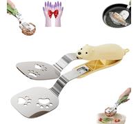 Stainless Steel Bear Pancake Griddle Clip, 2-in-1 Cute Bear Spatula Tongs with Locking Clip, Anti-Scald and Heat-Insulating Food Turner & Clamp for Steak, Eggs, Pancake (Yellow)