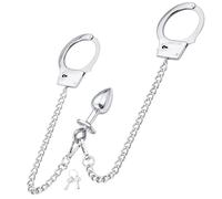Stainless Steel Bondage Handcuffs & Detachable Anal Plug Set for Couples, 26cm Chain, PVC Plug 7x2.7cm, Beginner BDSM Toy