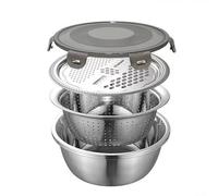Stainless Steel Bowl System Featuring Grater Lid, Strainer Base, Drain Holes, and Reusable Silicone Cover