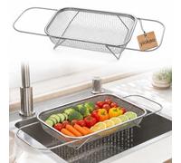 Stainless Steel Expandable Over-The-Sink Colander Basket Mesh Strainer, Kitchen Drainer Strainer Fruit Vegetable Washing Rice Washing Pasta Spaghetti Noodle Berry, Home Kitchen Essentials (L)