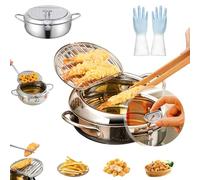 Stainless Steel Frying Pot with Thermometer and Oil Drip Drainer Rack,2025 New Japanese Deep Fryer Pot,304 Stainless Steel Deep Frying Pan with Lid,for Chips, Fries, Chicken,For Kitchen Home (S-2.2L)