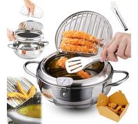 Stainless Steel Frying Pot With Thermometer And Oil Drip Drainer Rack, Deep Fryer Pot, 304 Stainless Steel Deep Frying,With Disposable Paper Plates & Clip,for Kitchen French Fries,Chicken (28cm)
