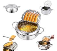 Stainless Steel Frying Pot with Thermometer and Oil Drip Drainer Rack, Japanese Style Tempura Frying Pots with Lid, Stainless Steel Japanese Deep Fryerpot for For Kitchen French Fries, Chicken (3.2L)
