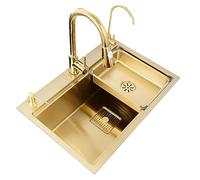 Stainless Steel Kitchen 304 Nanometer Manual Large Single Tank Under Counter Basin with Pull The Faucet (Color : Gold, Size 80 * 46 22cm)