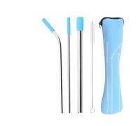 Stainless Steel Straw Set di cannucce in acciaio inossidabile con punte in silicone riutilizzabili e borsa portaoggetti spazzola for la pulizia per succhi e bevande(Blue)