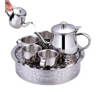 Stainless Steel Tea Set, Kids Teapot Cups Tray, Shatter-Resistant Design, Long Spout with Filter Screen, Classroom Accessories for Kindergarten, Preschool, Tea Play, Silver