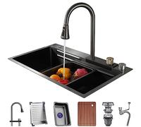 Stainless Steel Waterfall Kitchen Sink with Pull Down Spray Faucet Single Bowl Bar Sink Workstation RV Sink with Accessories - A-68x45x22cm