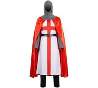 Stakee Costume Cavaliere Crociato con Tunica a Bandiera Inglese, Mantello Rosso, Copricapo E Cintura in Maglia di Ferro, Travestimento Uomo Re Artù per Il Giorno di