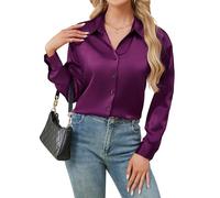 Stamain Camicia Elegante Blusa Donna Button Down di Raso Bottoni Camicetta Maniche Lunghe con Scollo a V Top Aderente in Tinta Unita Viola S
