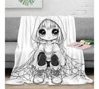 stampa 3D chibi girl hoodie plaid da divano microfibra biancheria da letto soffice coperta da pisolino morbida e calda anti-pilling per pisolini pomeridiani black bianco arte 60x80inch(150x200cm)