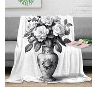stampa 3D Roses bouquet coperta da viaggio microfibra biancheria da letto compatta e morbida plaid da viaggio caldo anti-pilling per uso versatile Black bianco floreale arte 60x80inch(150x200cm)