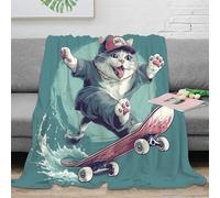 stampa 3D skateboarding cat coperta da pisolino microfibra biancheria da letto traspirante coperta da ufficio per regali per lavoratori smart working cartone animato fun 60x80inch(150x200cm)