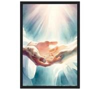 Stampa ad acquerello con Gesù Cristo che guarisce le mani, Gesù che si tiene per mano il dolore, la malattia, la speranza e la fede, pittura decorativa retrò con cornice, decorazione artistica moderna