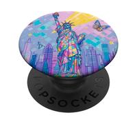 Stampa artistica a mosaico pastello della Statua della Libertà con farfalle a PopSockets PopGrip Adesivo