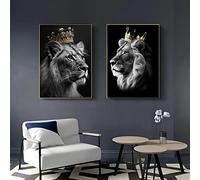 Stampa artistica con leone e leonessa con corona, colore nero e oro, per camera da letto, decorazione per la casa, senza cornice (leone A, 50 x 70 cm x 2)