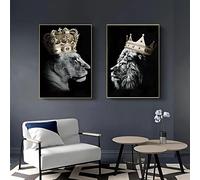 Stampa artistica con leone e leonessa con corona, colore nero e oro, per camera da letto, decorazione per la casa, senza cornice (leone B, 50 x 70 cm x 2)