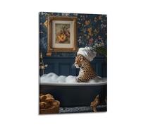 Stampa artistica con leopardo massimalista che prende un bagno di bolle, stampa artistica audace e divertente, leopardo tradizionale vintage con asciugamano, fiori floreali, poster eclettico